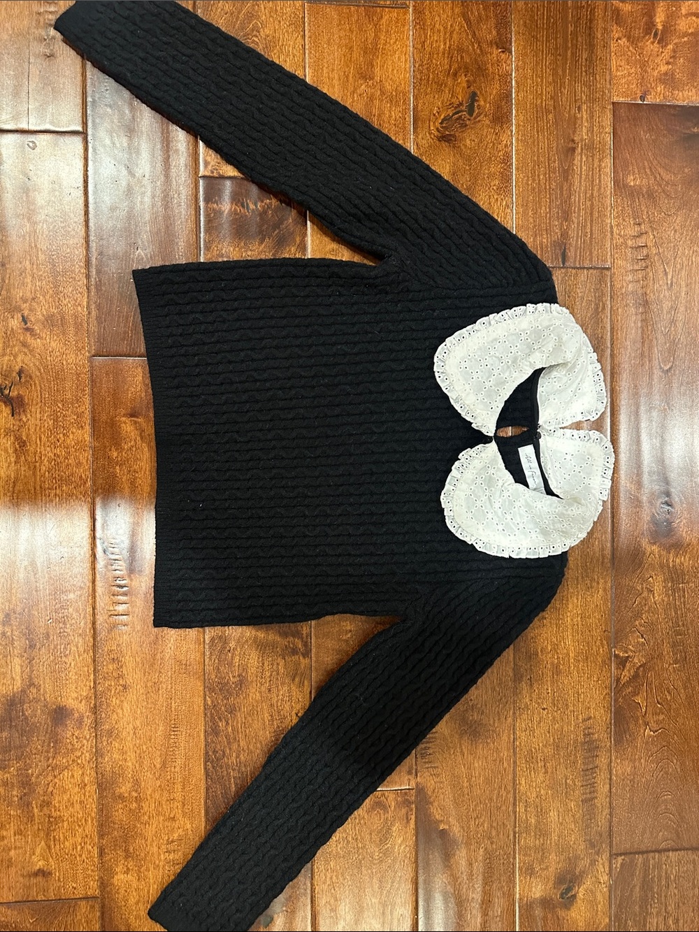All in Favor Black Cable-Knit Sweater with White Scalloped Eyelet Collar